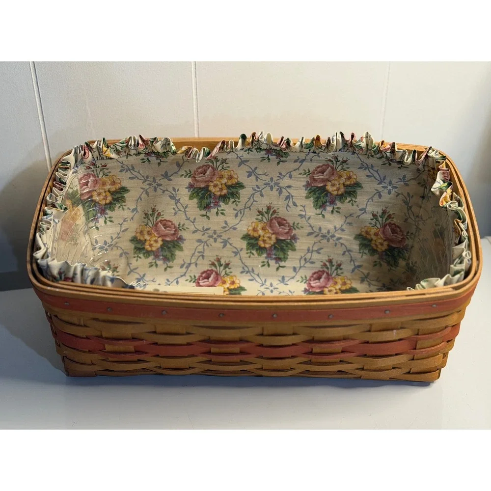 VTG Longaberger Vanity Basket Tan Pink Floral 1996 Mothers Day Liner Tray